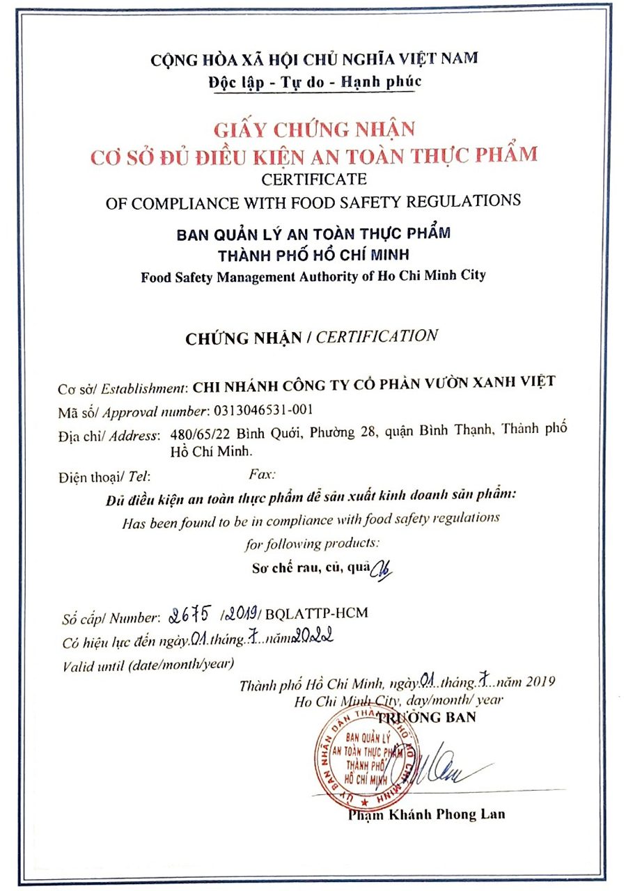 Certificate of Compliance with Food Safety Regulations
